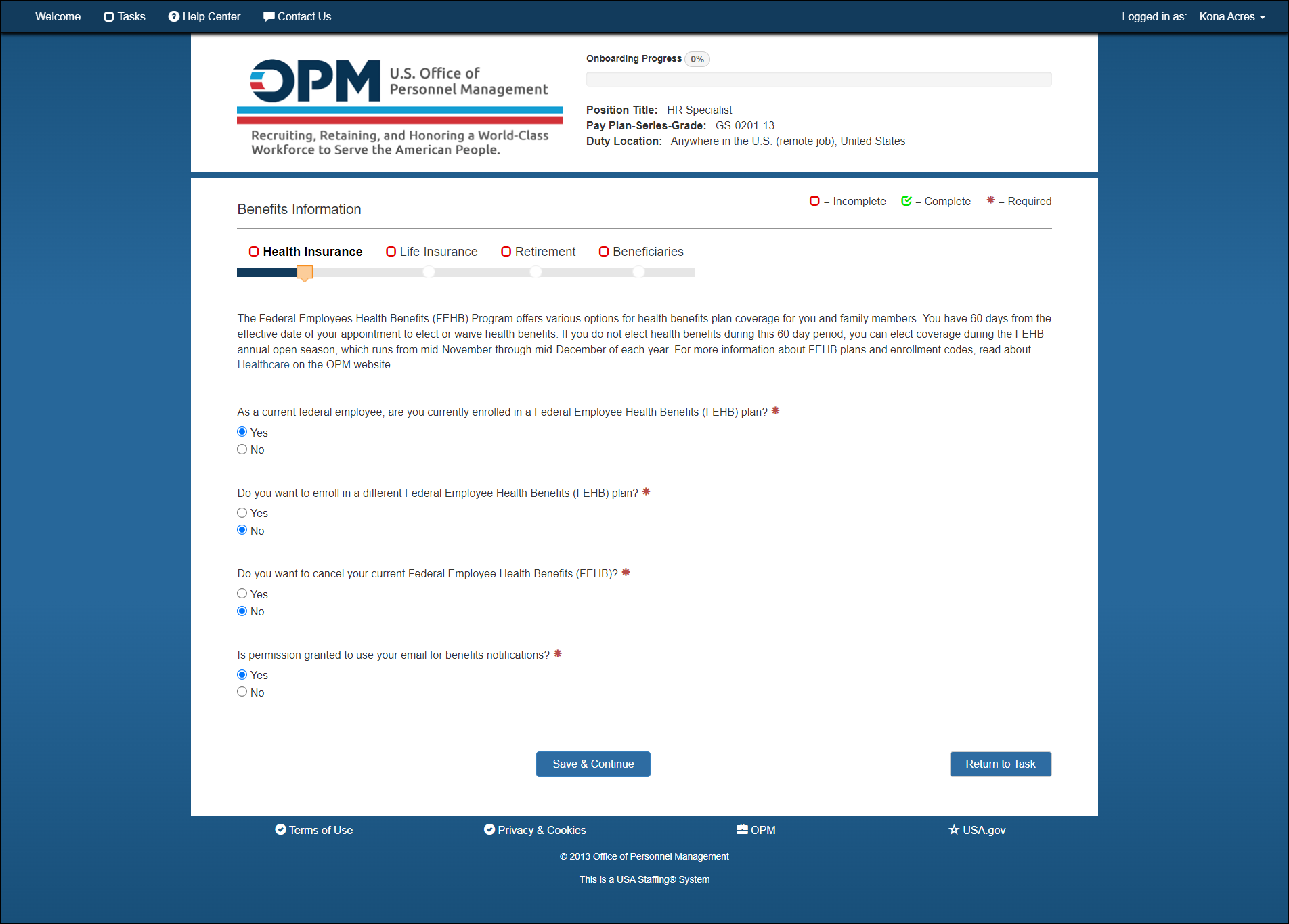 New Hire Health Insurance page