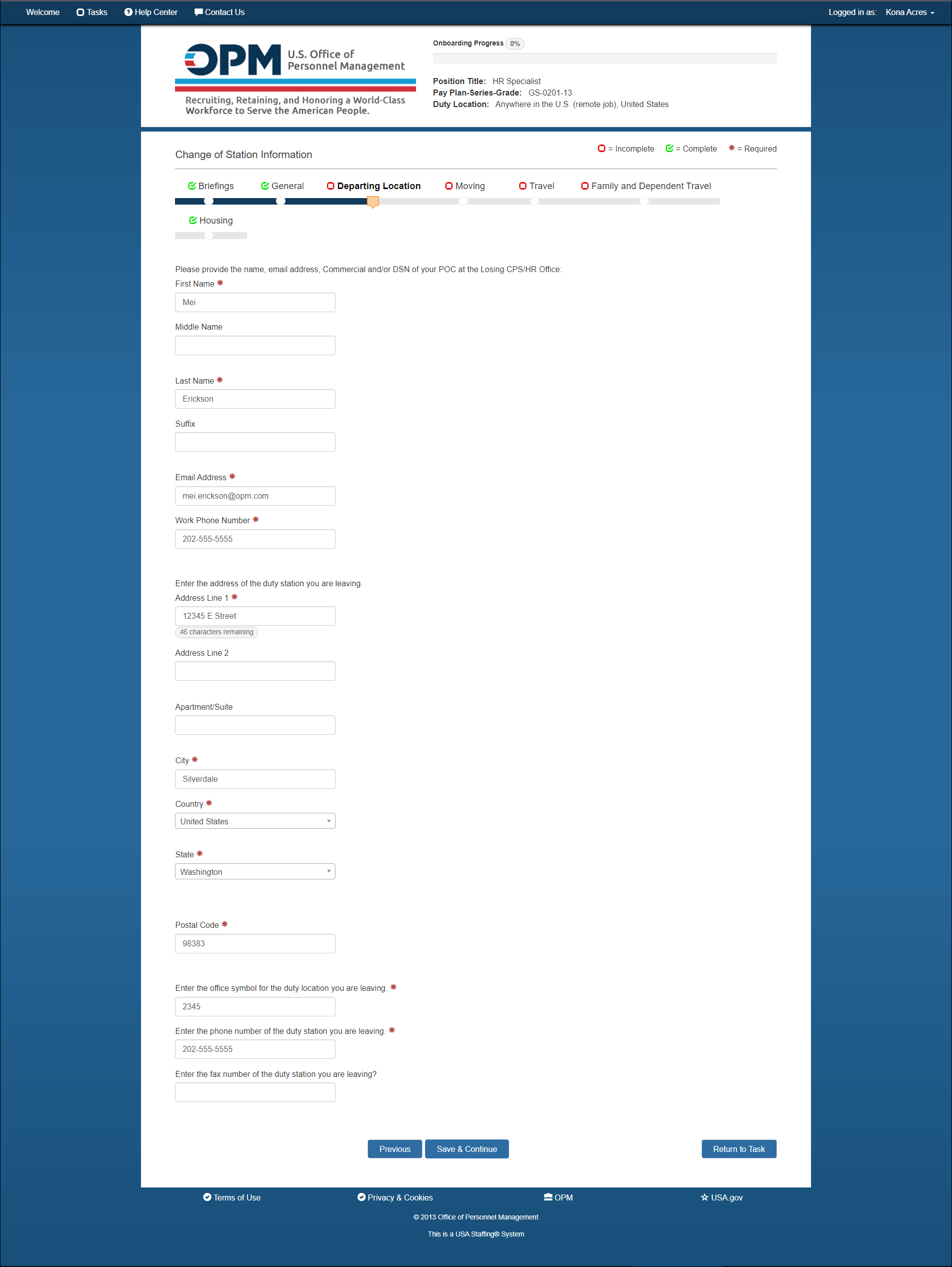 New Hire Change of Station - Departing Location page