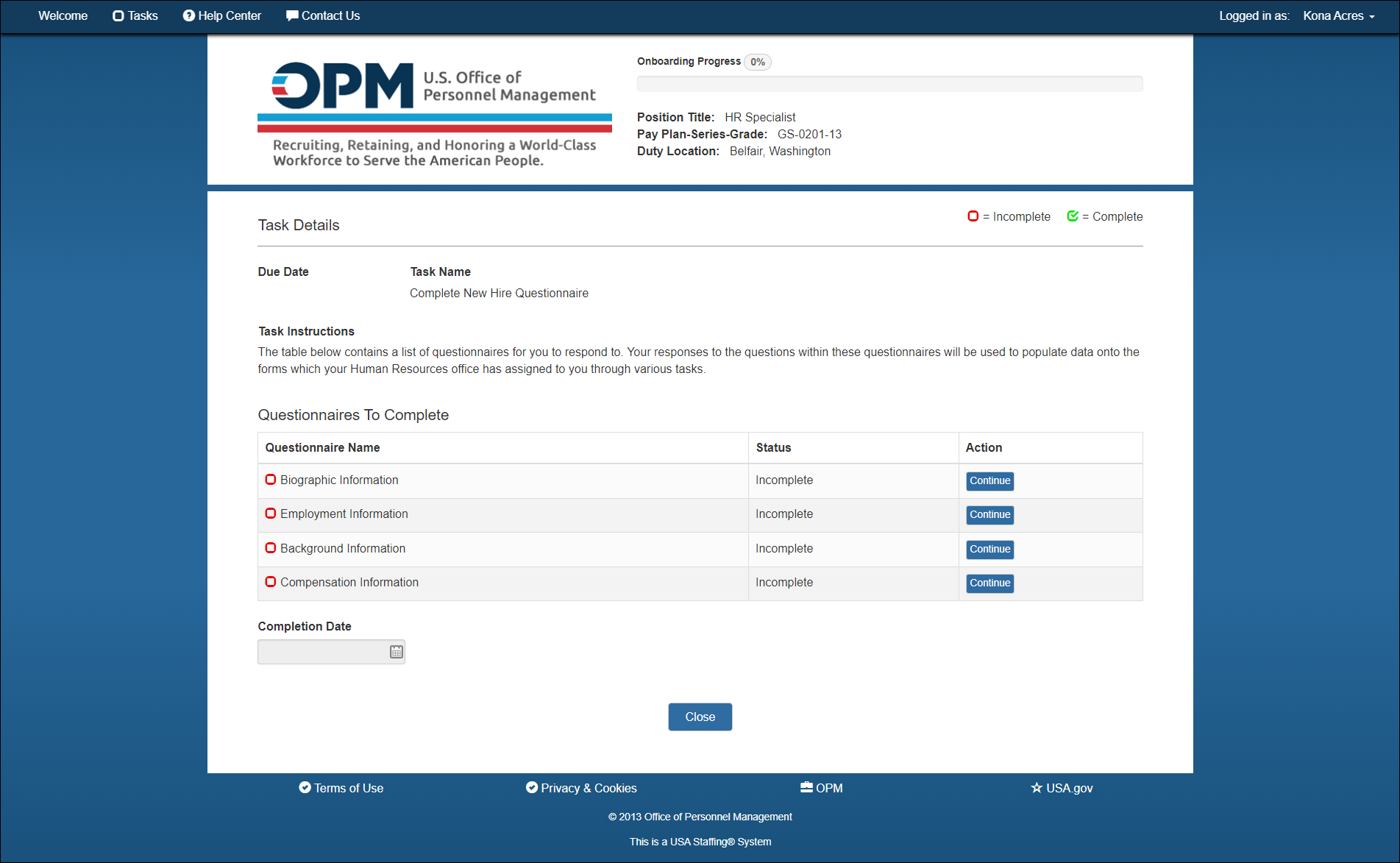New Hire Questionnaires page