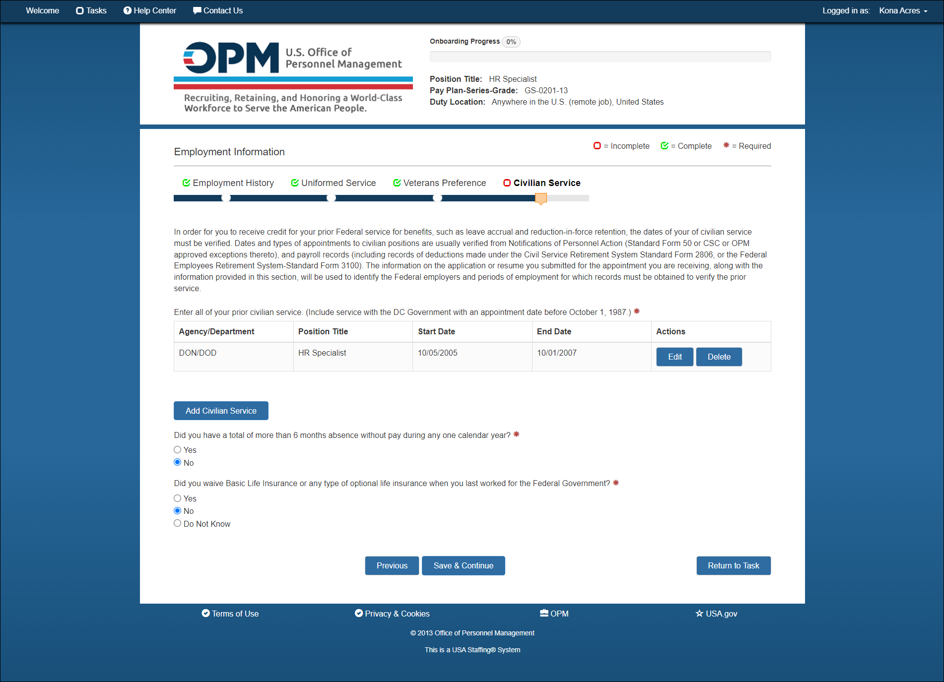 New Hire Employment Info - Civil Service page