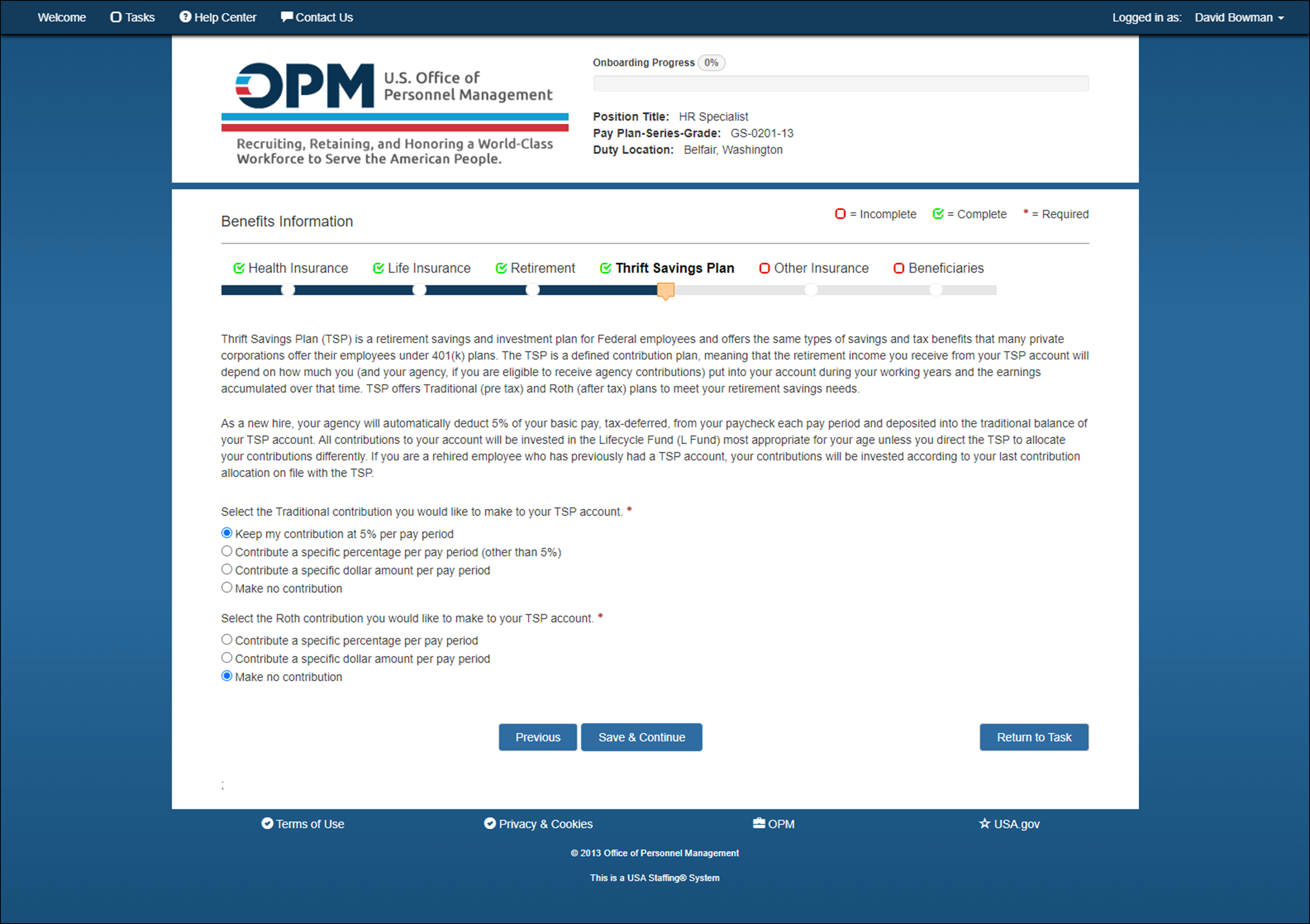 Benefits Info Questionnaire - Thrift Savings Plan