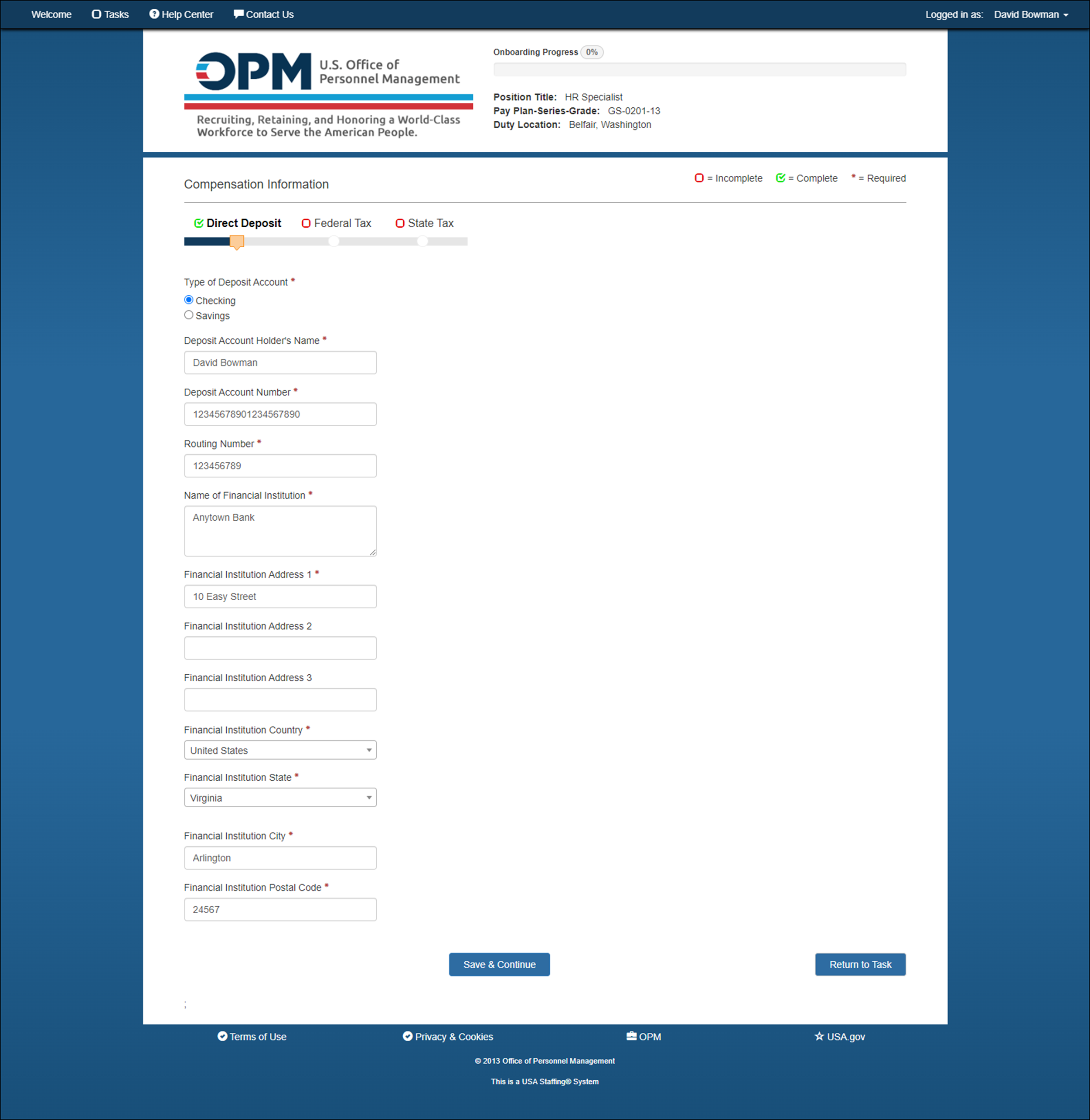 Compensation Information - Direct Deposit page