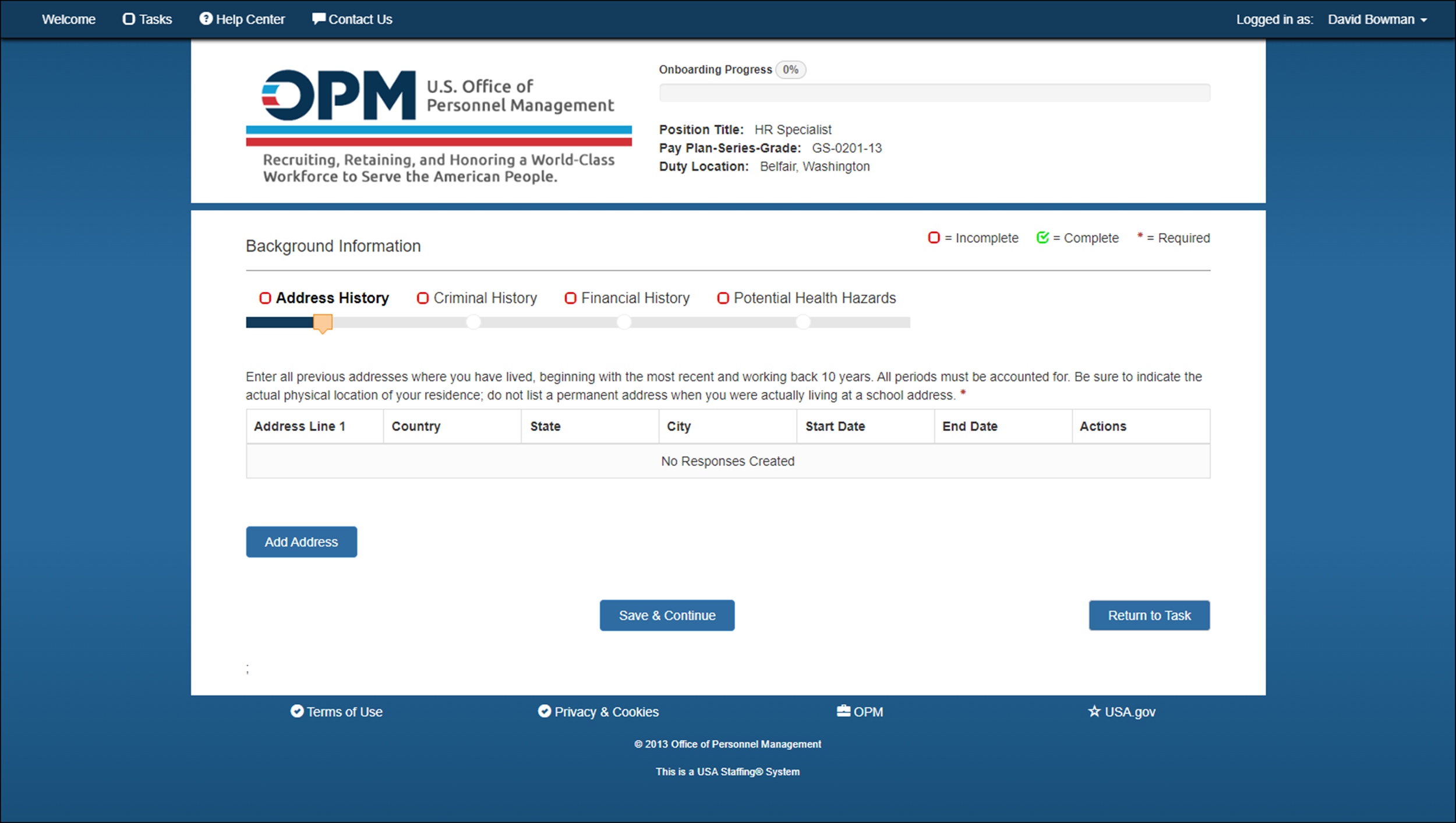 Background Information - Address History page