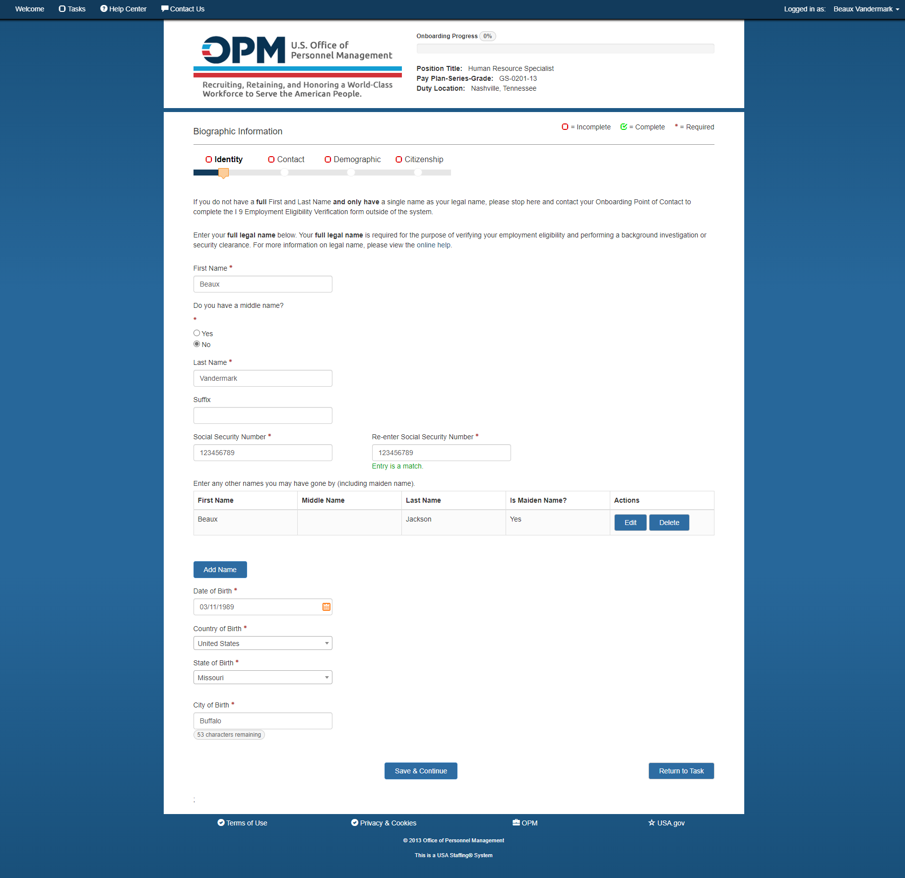 New Hire Biographic Info - Identity page