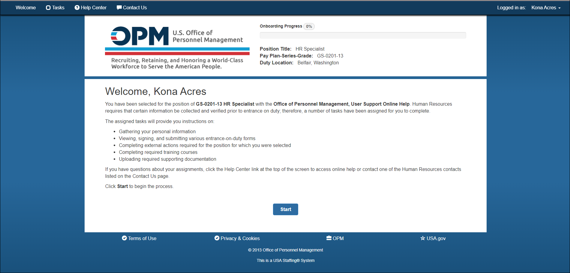 New Hire Selectee welcome page