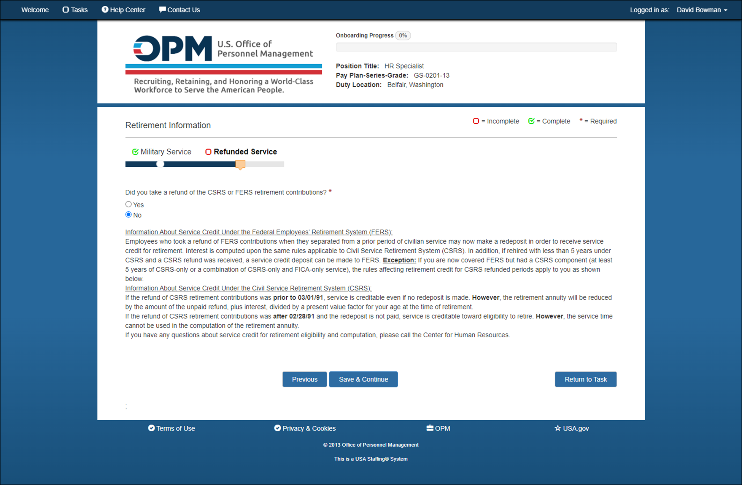 Retirement Information - Refunded Service page