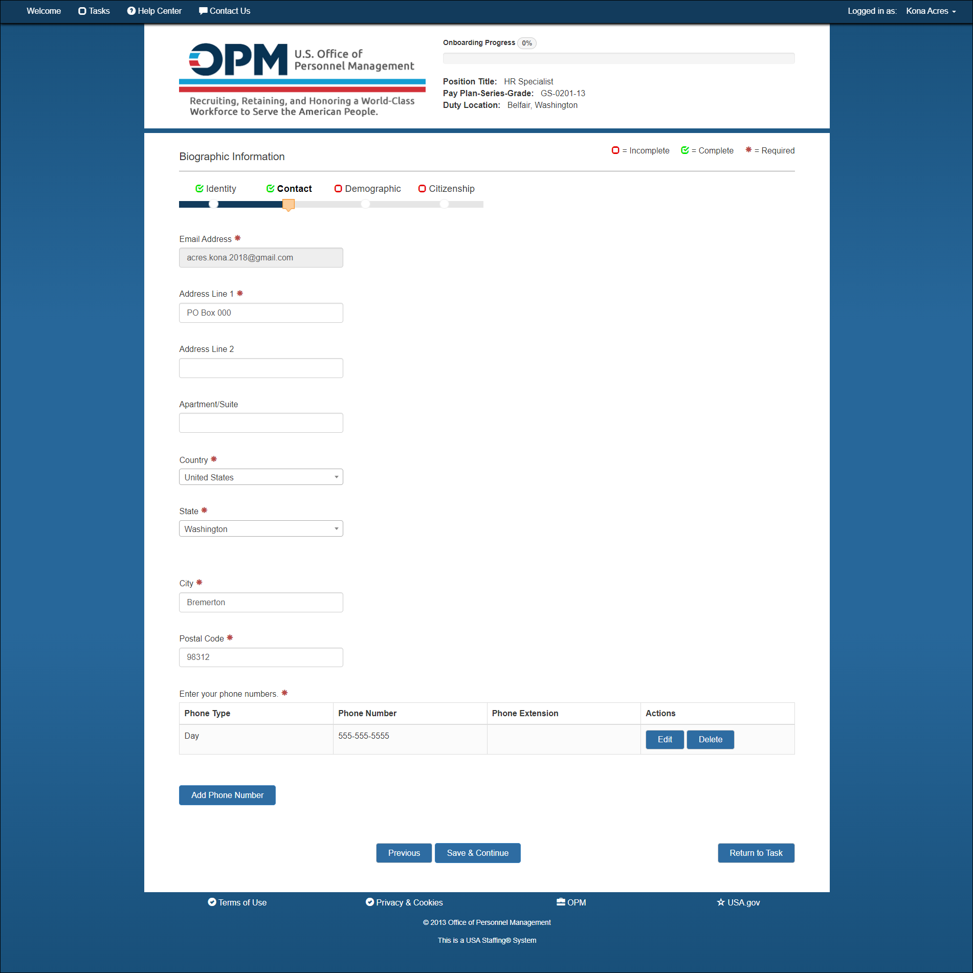 New Hire Biographic Info - Contact Information Page