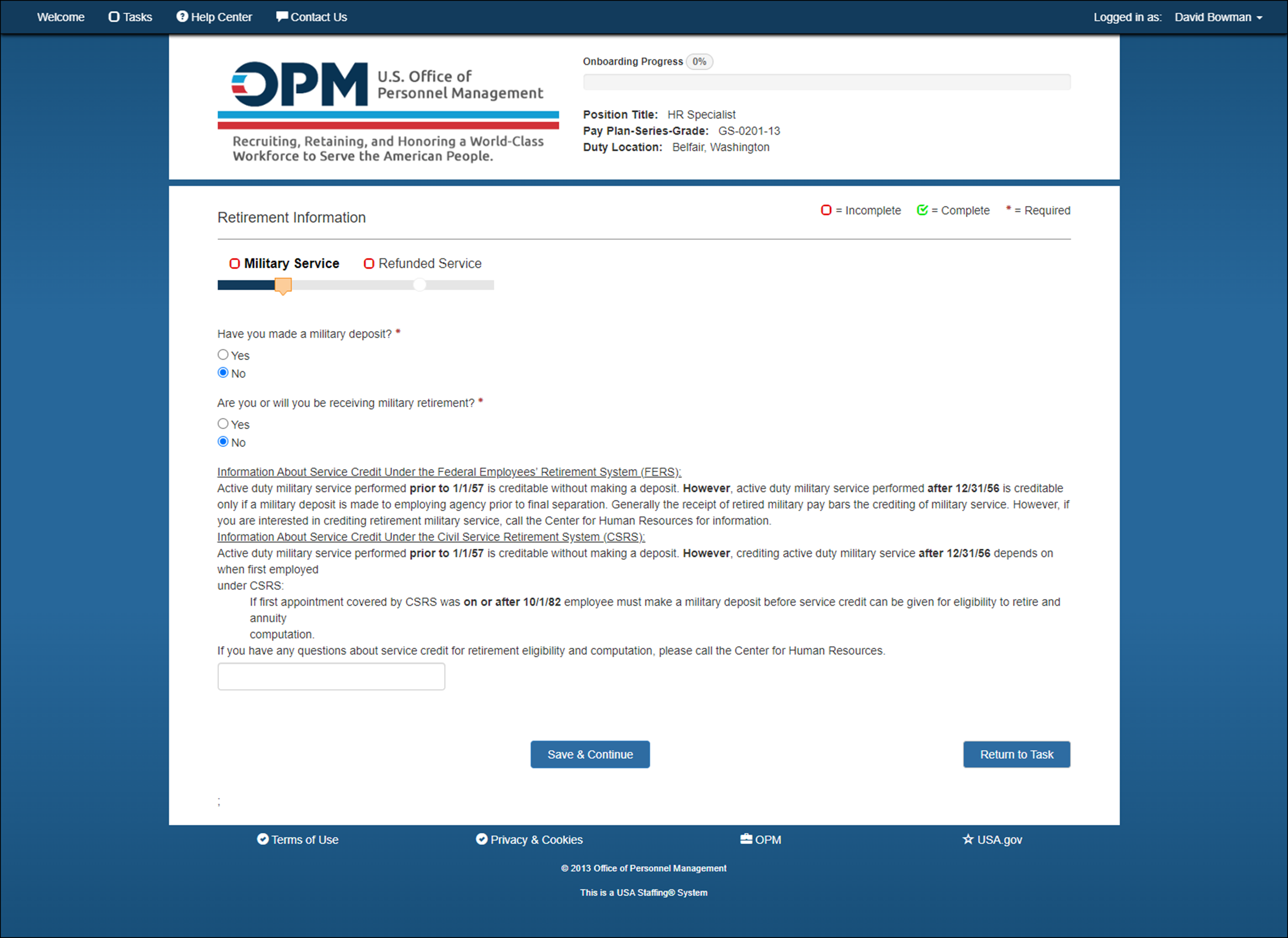 Retirement Information Quesetionnaire - Military Service page