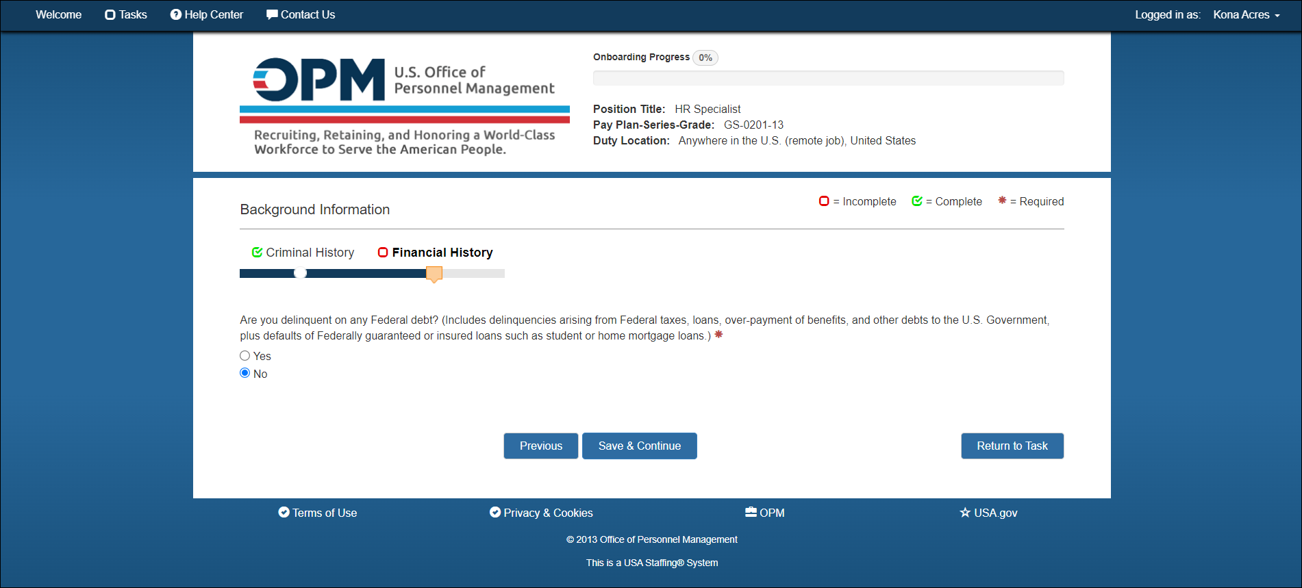 New Hire Background Info - Financial History page