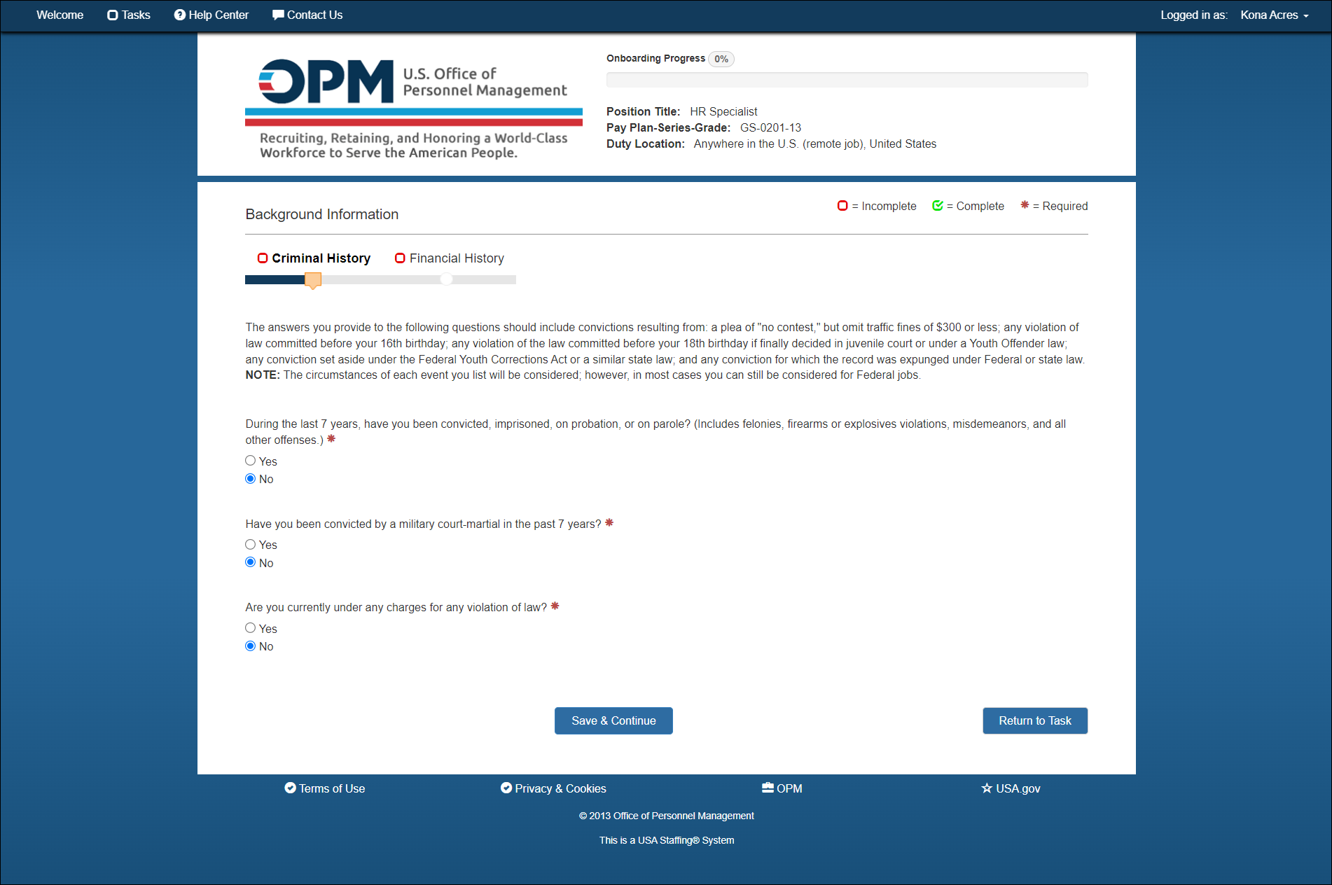 New Hire Background Info - Criminal History page