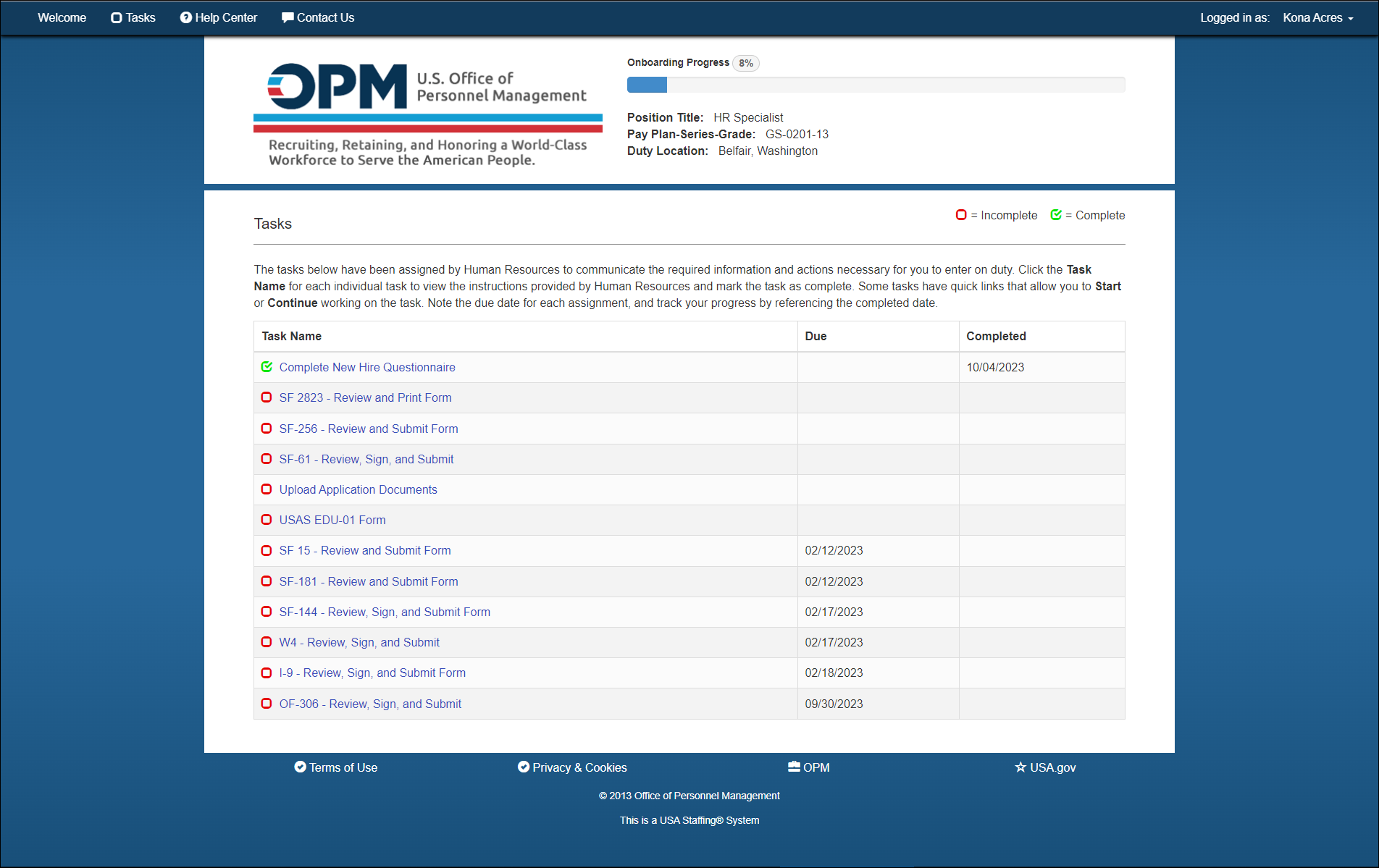 New Hire Completed New Hire Questionnaire
