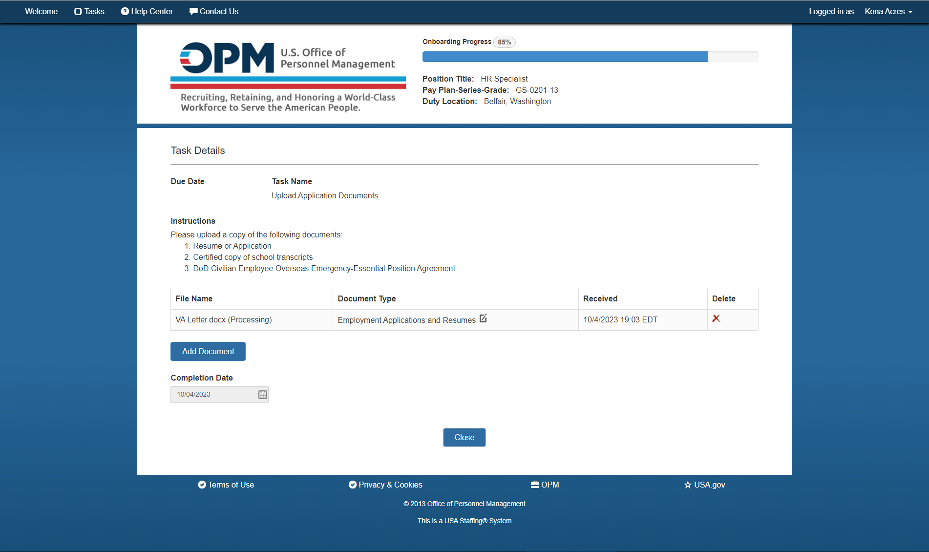 New Hire Delete Uploaded Document