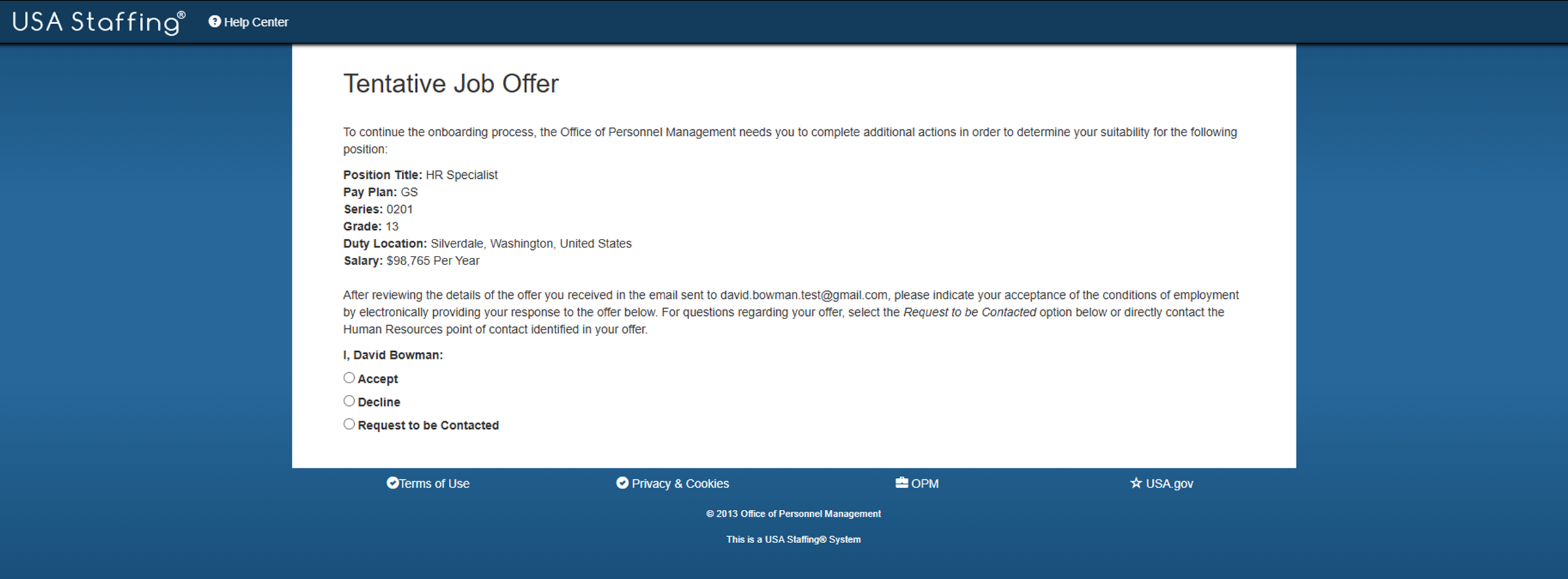 New Hire Tentative Offer Letter Acceptance Page