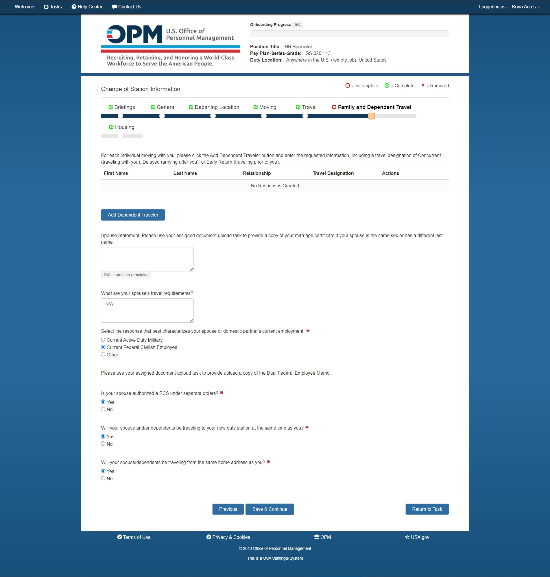 New Hire Change of Station - Family and Dependent Travel page