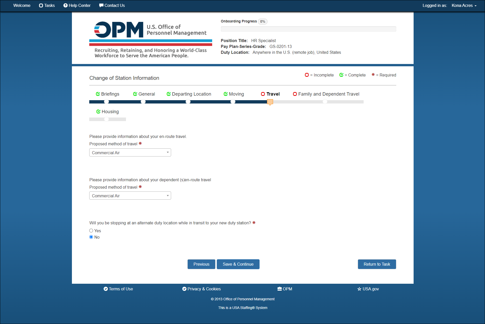New Hire Change of Station - Travel page