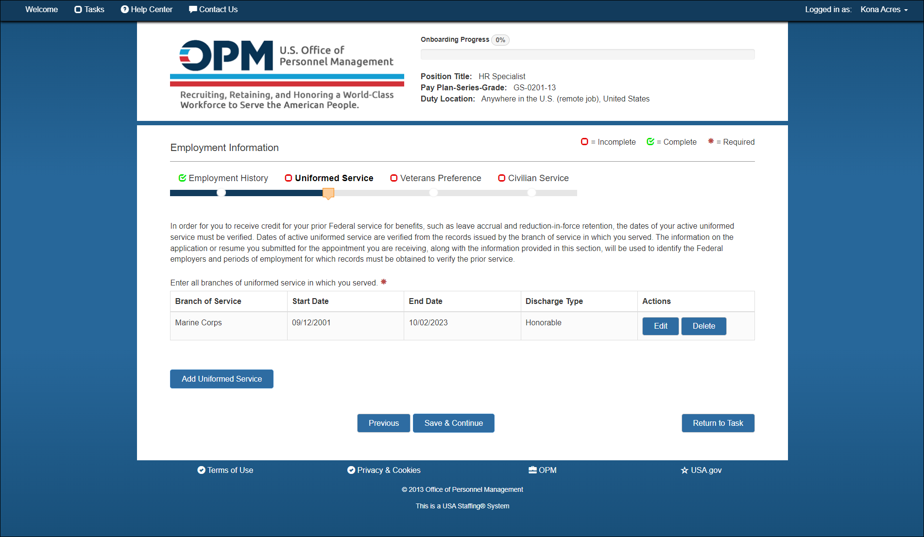 New Hire Delete Uniformed Service page