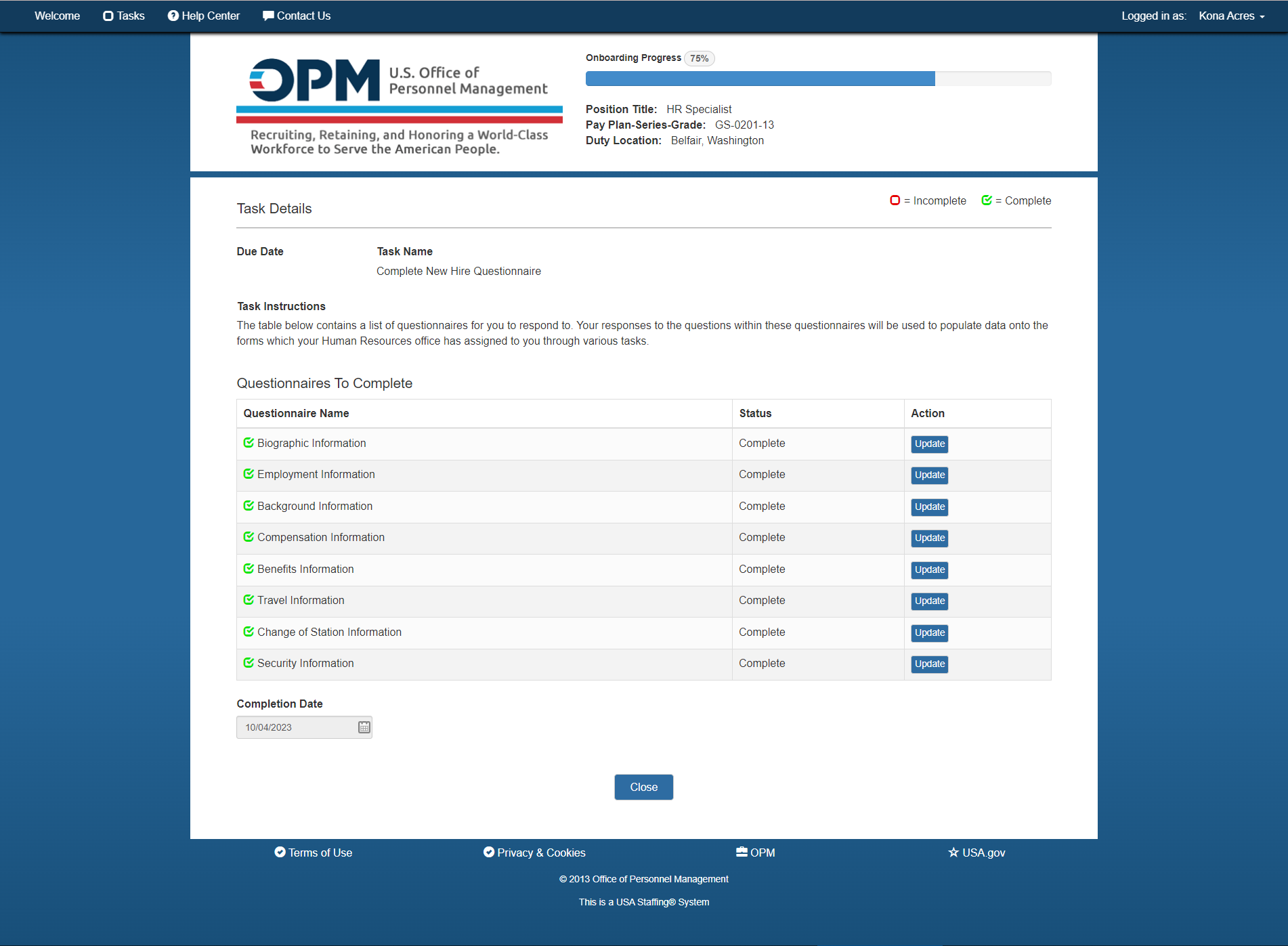 New Hire Update Completed New Hire Questionnaire